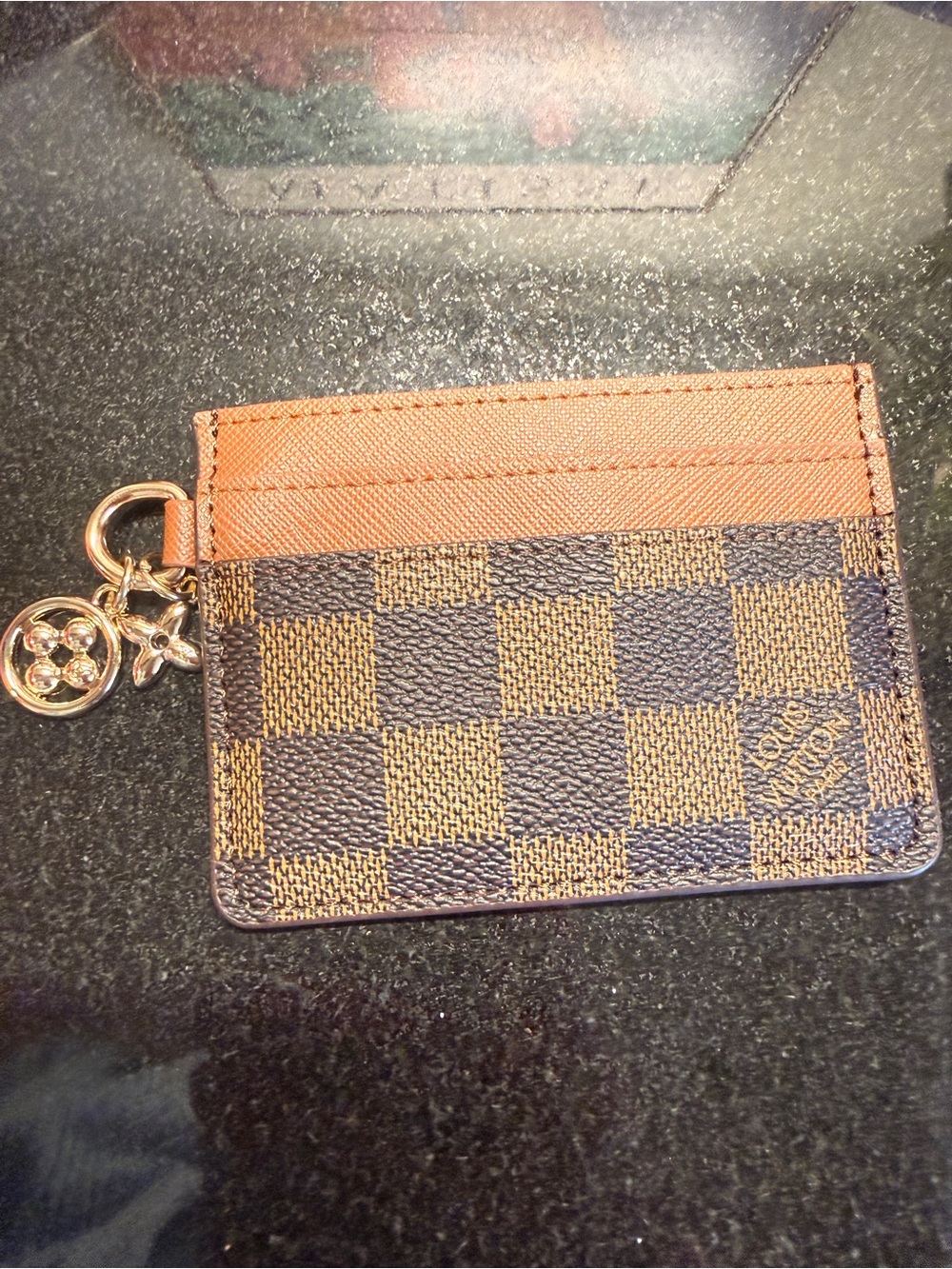 Inspired Brown Checkered Card & Key Holder with Gold Charm